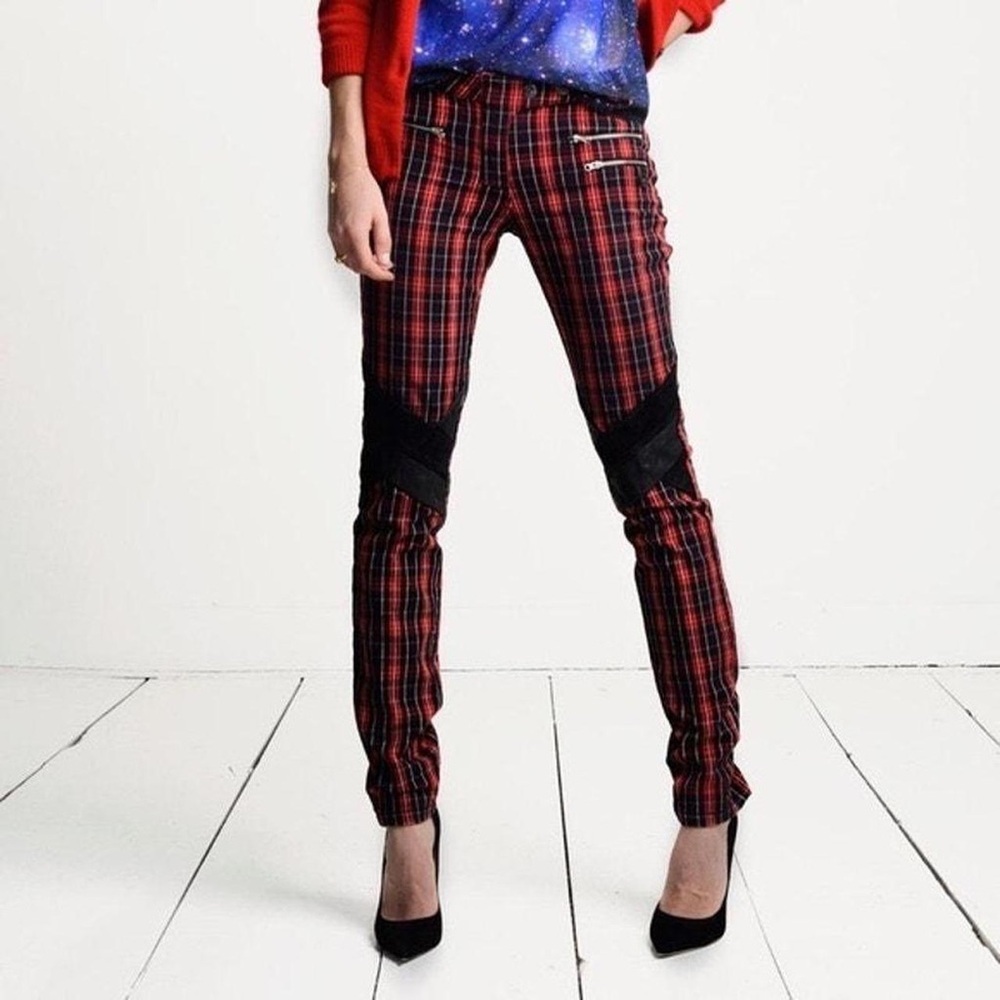 Maison Scotch Red Plaid Biker Skinny Fit Pants